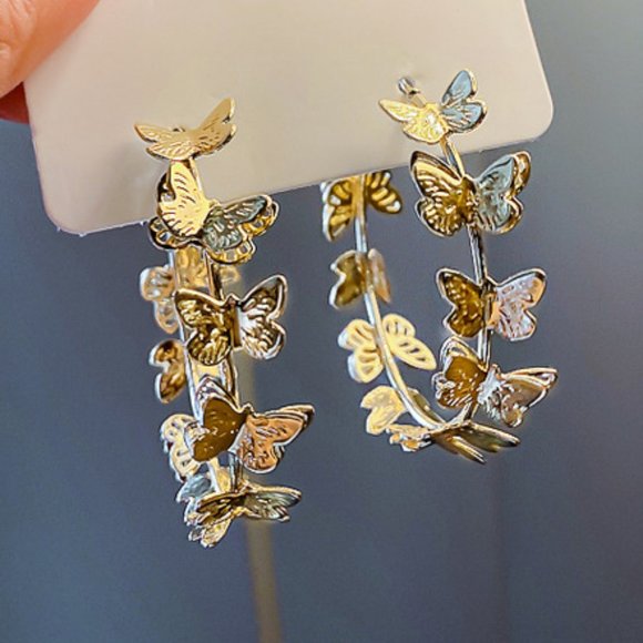 NEW 1.75'' Gold Multi Butterfly Hoop Earrings - Picture 2 of 6